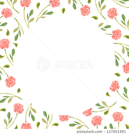 Watercolor round delicate hand painted frame of small roses 127801891
