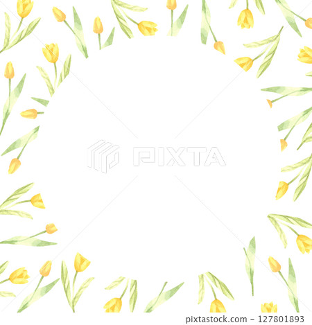Watercolor round delicate hand painted frame of small yellow tulips 127801893