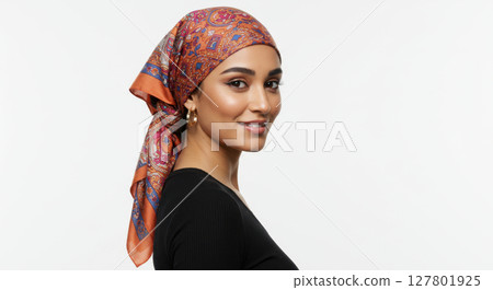 Portrait of Elderly Southeast Asian Woman in Traditional Attire with Colorful Headscarf - Cultural Wisdom and Grace 127801925