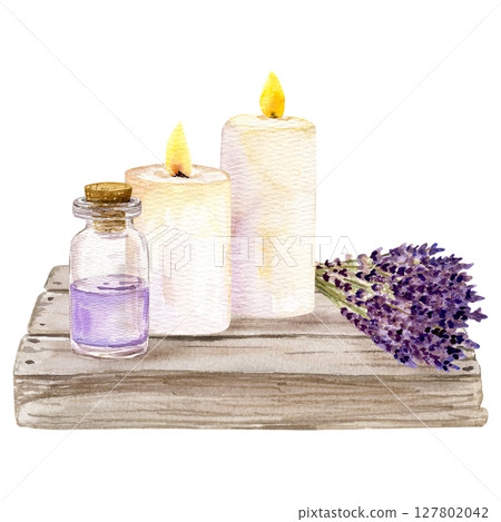 Watercolor hand drawn composition with candles, bouquet with lavender, bottle with essential oil on a wooden tabletop 127802042