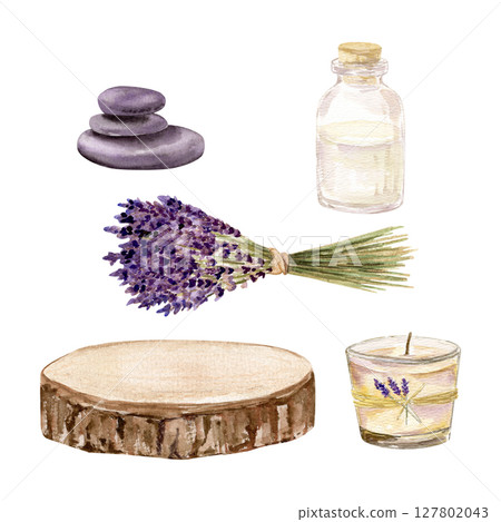 Watercolor hand drawn set of aroma candle, bottle with essential oil, lavender bouquet, stones and wooden frame Watercolor hand drawn set of aroma candle, bottle with essential oil, lavender bouquet, stones and wooden frame 127802043