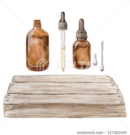 Watercolor hand drawn set of essential oil bottles, with pipette, aroma oil drops, wooden tabletop Watercolor hand drawn set of essential oil bottles, with pipette, aroma oil drops, wooden tabletop 127802045