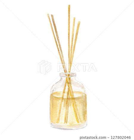Watercolor hand drawn illustration with aroma difuser in glass with essential oil and sticks. Watercolor hand drawn illustration with aroma difuser in glass with essential oil and sticks. 127802046