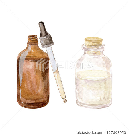 Watercolor hand drawn set with one bottle with the pipette unscrewed, second bottle with essential oil 127802050