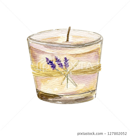 Watercolor hand drawn illustration with candle in a glass with a spring of dried lavender without flame 127802052