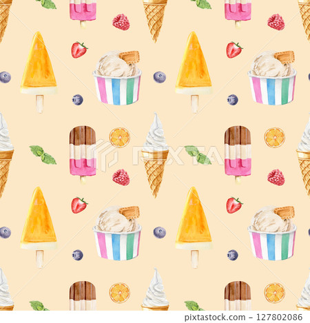 Watercolor seamless pattern with different flavors ice creams and different toppings on a beige background 127802086