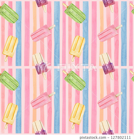 Watercolor seamless pattern with three flavors ice creams on colored stripes on a pink background Watercolor seamless pattern with three flavors ice creams on colored stripes on a pink background 127802111