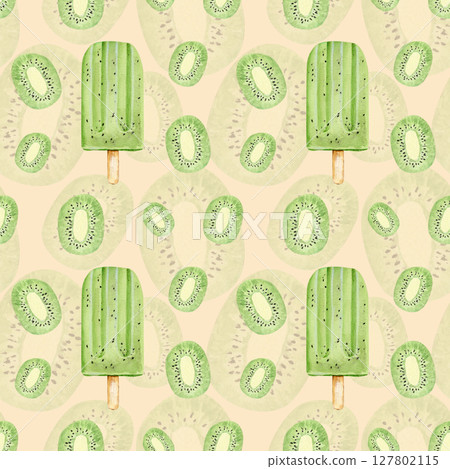 Watercolor seamless pattern with kiwi ice cream sorbet and kiwi on a beige background Watercolor seamless pattern with kiwi ice cream sorbet and kiwi on a beige background 127802115