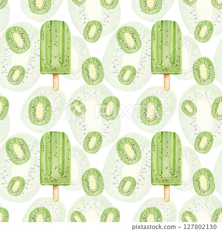 Watercolor seamless pattern with kiwi ice cream sorbet and kiwi on a white background Watercolor seamless pattern with kiwi ice cream sorbet and kiwi on a white background 127802130