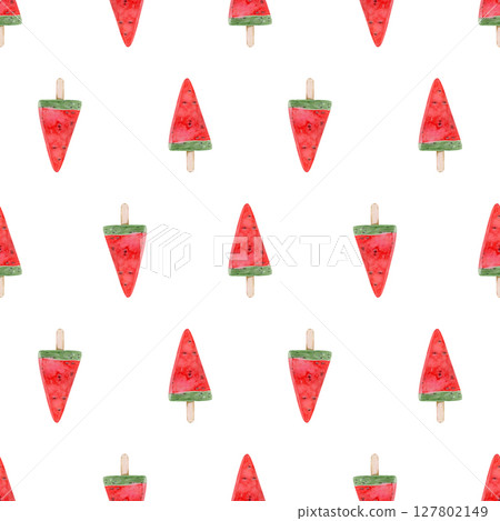 Watercolor seamless pattern with watermelon ice cream sorbet on a white background Watercolor seamless pattern with watermelon ice cream sorbet on a white background 127802149