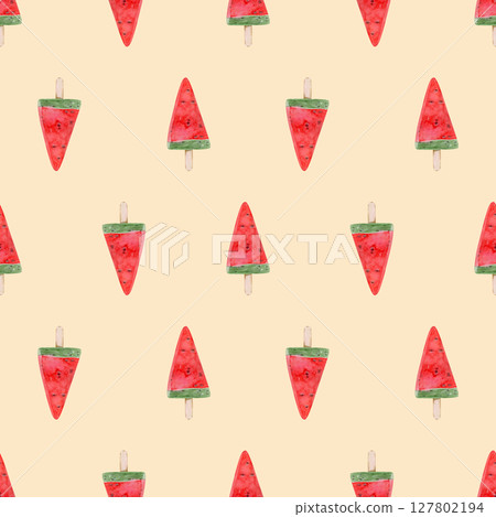 Watercolor seamless pattern with watermelon ice cream sorbet on a beige background Watercolor seamless pattern with watermelon ice cream sorbet on a beige background 127802194
