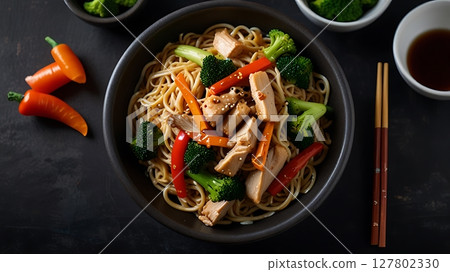 A dark bowl of noodles with chicken and vegetables is shown from above with chopsticks on the side 127802330