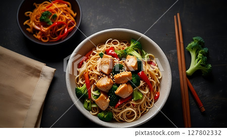 A delicious bowl of chicken and vegetable noodles is presented with chopsticks and a side of carrot salad 127802332