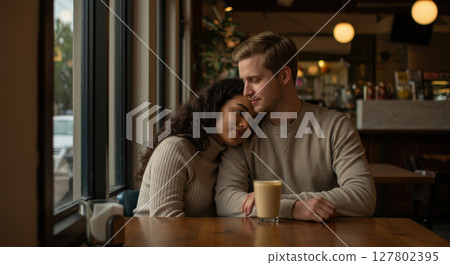 Affectionate Interracial Couple Enjoying a Quiet Moment Together in a Cozy Cafe 127802395