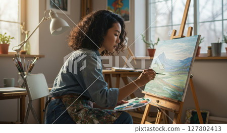 Focused Asian Woman Painting Landscape on Canvas in Bright Art Studio 127802413