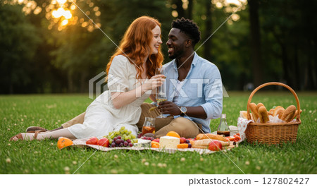 Interracial Couple Enjoying Romantic Picnic in the Park at Sunset 127802427