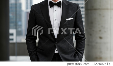Stylish Man in Sparkling Black Tuxedo and Bow Tie Standing in Modern Urban Setting 127802513