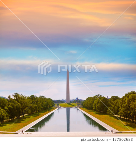 Washington Monument sunrise reflecting pool 127802688