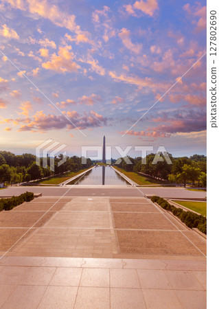 Washington Monument sunrise reflecting pool 127802690