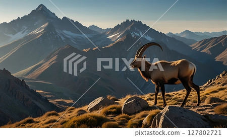 National animal of Pakistan, a majestic markhor standing calmly on an uneven mountain slope in a rugged highland region 127802721