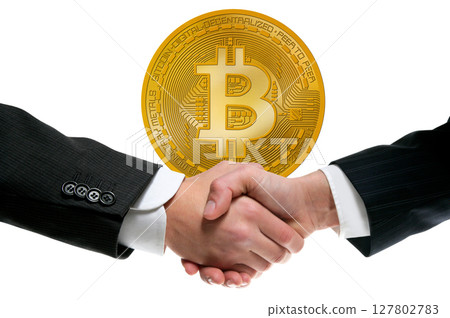 Bitcoin BTC in businessman handshake 127802783