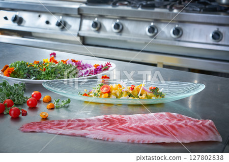 Ceviche dish preparation in restaurant kitchen Ceviche dish preparation in restaurant kitchen 127802838