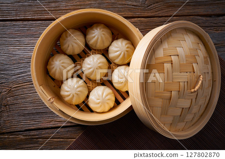 steamed pork buns in bamboo steamer steamed pork buns in bamboo steamer 127802870