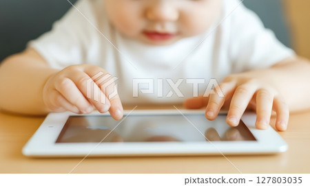 Baby engaging with a digital tablet, tapping the screen with tiny fingers, discovering new technologies and enjoying educational apps while having fun and learning through play 127803035