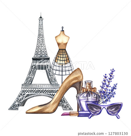 Parisian fashion. The illustrations are hand-drawn watercolors. Perfume, lavender, glasses, women's shoes, and a tailor's dummy against the backdrop of the Eiffel Tower. International Women's Day. 127803130