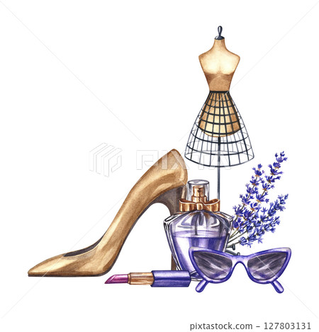 Perfume bottle, lavender flowers, fashion glasses, lipstick, women's shoes, and a tailor's dummy. Hand-drawn watercolor illustrations. Beauty and fashion. International Women's Day. 127803131