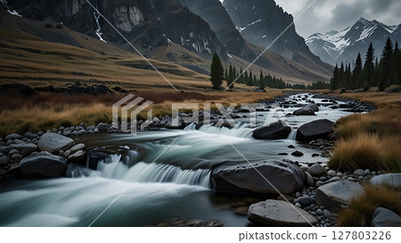 Crystal Stream Rushing Down from Snow-Capped Mountains into a Quiet Glacier-Fed Valley Surrounded by Frozen Silence 127803226