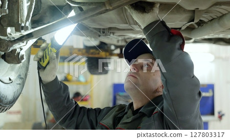 Professional mechanic inspecting vehicle undercarriage with flashlight, performing detailed diagnostic check inside automotive service workshop Professional mechanic inspecting vehicle undercarriage with flashlight, performing detailed diagnostic check inside automotive service workshop 127803317