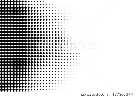 Halftone dots densely clustered left fading smoothly into white background. 127803377