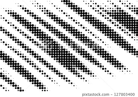 Black halftone dots forming dynamic diagonal lines on white background with retro graphic style. 127803400