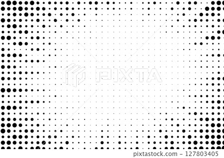 Black circular halftone dots forming a fading abstract frame on white background with copy space in the center. Black circular halftone dots forming a fading abstract frame on white background with copy space in the center. 127803405