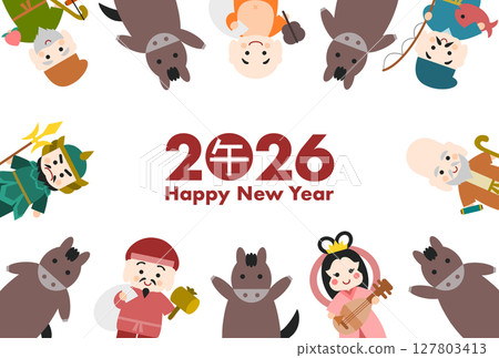 2026 年(馬年)的新年賀卡插圖,以可愛的馬和七福神為特色 2026 年(馬年)的新年賀卡插圖,以可愛的馬和七福神為特色 127803413