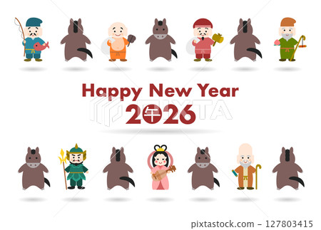 New Year's card for 2026 (Year of the Horse) featuring a row of horses and the Seven Lucky Gods New Year's card for 2026 (Year of the Horse) featuring a row of horses and the Seven Lucky Gods 127803415