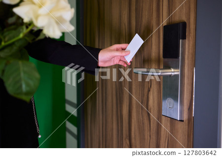 Gaining entry to a hotel room is made easy through a convenient key card system design 127803642