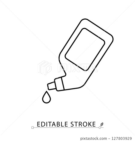 A toilet cleaner bottle icon in minimalist style with editable stroke. Cleaning liquid, sanitation product, bathroom detergent, hygiene tool, household chemical, outline object 127803929
