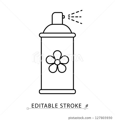 An air freshener spray can icon in minimalist style with editable stroke. Aerosol bottle, room fragrance, household deodorizer, sanitation product, hygiene tool, outline object, vector illustration. 127803930
