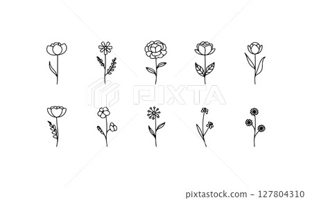 Minimal Bloom Icons. A clean grid of simple floral icons with rounded petals and slender stems, perfect for patterns, digital use, and botanical branding. Minimal Bloom Icons. A clean grid of simple floral icons with rounded petals and slender stems, perfect for patterns, digital use, and botanical branding. 127804310