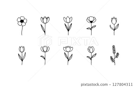 Upright Bloom Elements. Neatly organized floral forms with straight stems and open heads, ideal for clean layouts and nature branding. Upright Bloom Elements. Neatly organized floral forms with straight stems and open heads, ideal for clean layouts and nature branding. 127804311