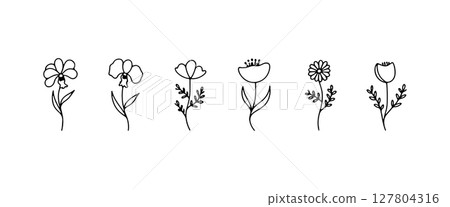 Curved Botanical Elements. A collection of upright flowers with elegant lines and organic rhythm, ideal for decorative surfaces and branding assets. Curved Botanical Elements. A collection of upright flowers with elegant lines and organic rhythm, ideal for decorative surfaces and branding assets. 127804316