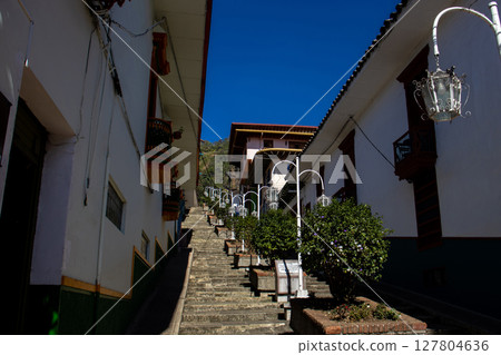 Famous beautiful Street of the Scales at the Heritage Town of Jerico located in the Department of Antioquia in Colombia. 127804636