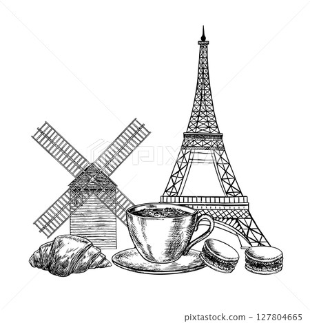 A cup of coffee and French pastries with croissants and almond cookies, background of the Eiffel Tower and a mill in Paris. Vector black and white illustration, hand-drawn. French pastries. 127804665