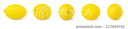 Set of yellow honeydew melons isolated. Ripe canary melon collection. Different views, positions. 127804782