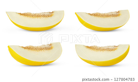 Honey yellow melon slice with seeds isolated.. Collection of honeydew melon slices with clipping path, Honey yellow melon slice with seeds isolated.. Collection of honeydew melon slices with clipping path, 127804783