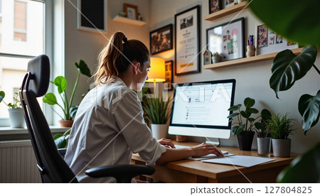 A woman working on a computer at a home office desk with plants and personal items around her. - Generic AI Image 127804825