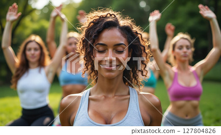 A group of people practicing yoga outdoors in a park, with one woman in focus smiling with her eyes closed. - Generic AI Image 127804826
