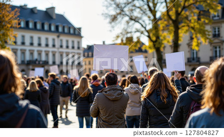 A crowd of people protesting in a public square with signs  - Generic AI Image 127804827